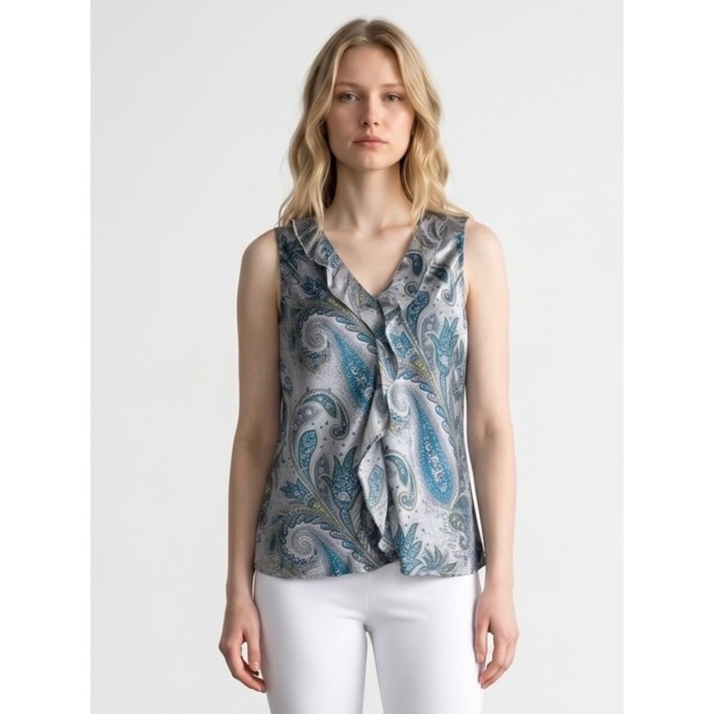 Kate Hill Petite Sleeveless Ruffle Front Paisley Blue‎ Grey V-Neck Satin Blouse